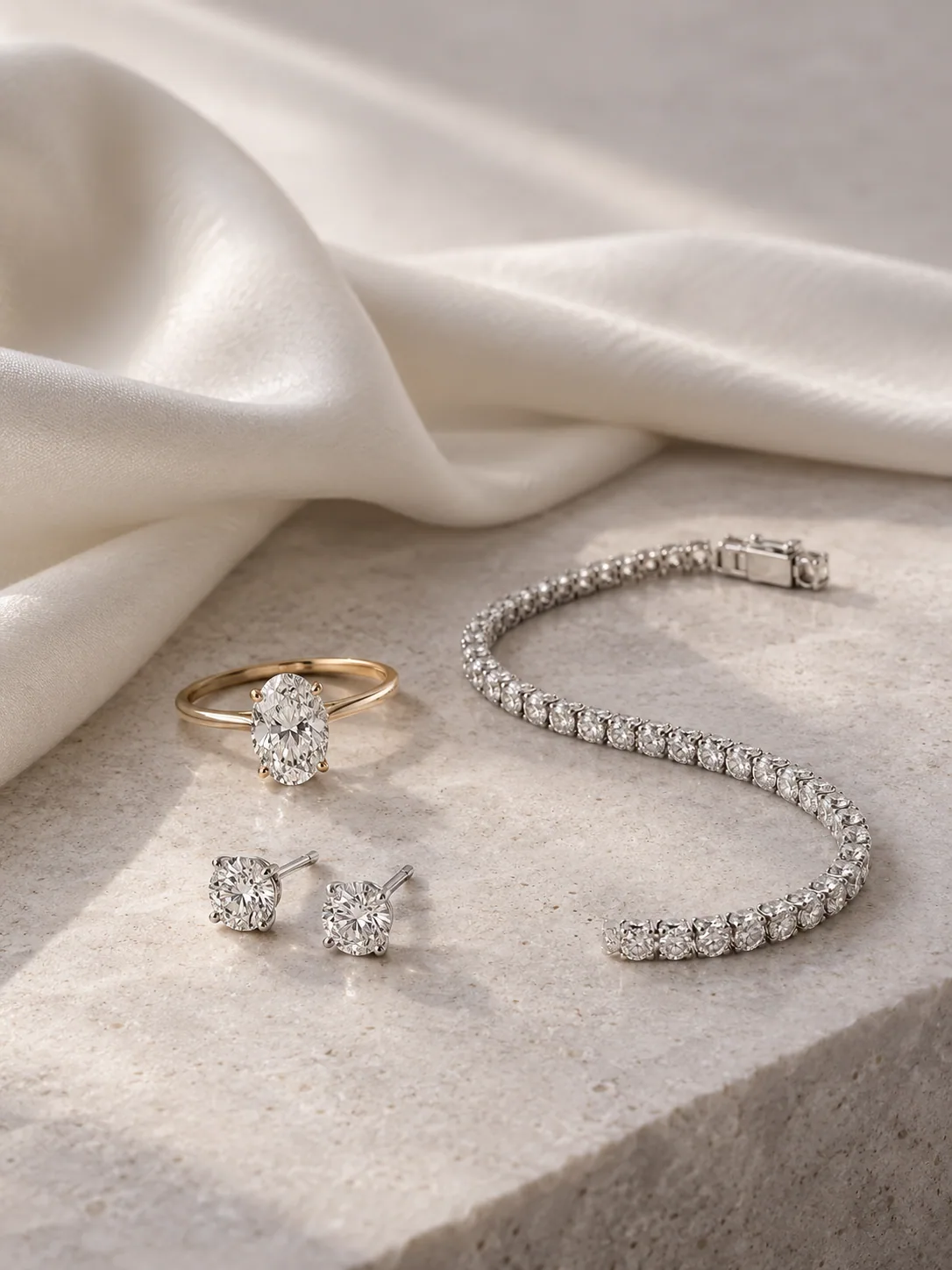 An oval diamond ring, diamond studs and a tennis bracelet arranged on pale stone beside ivory silk